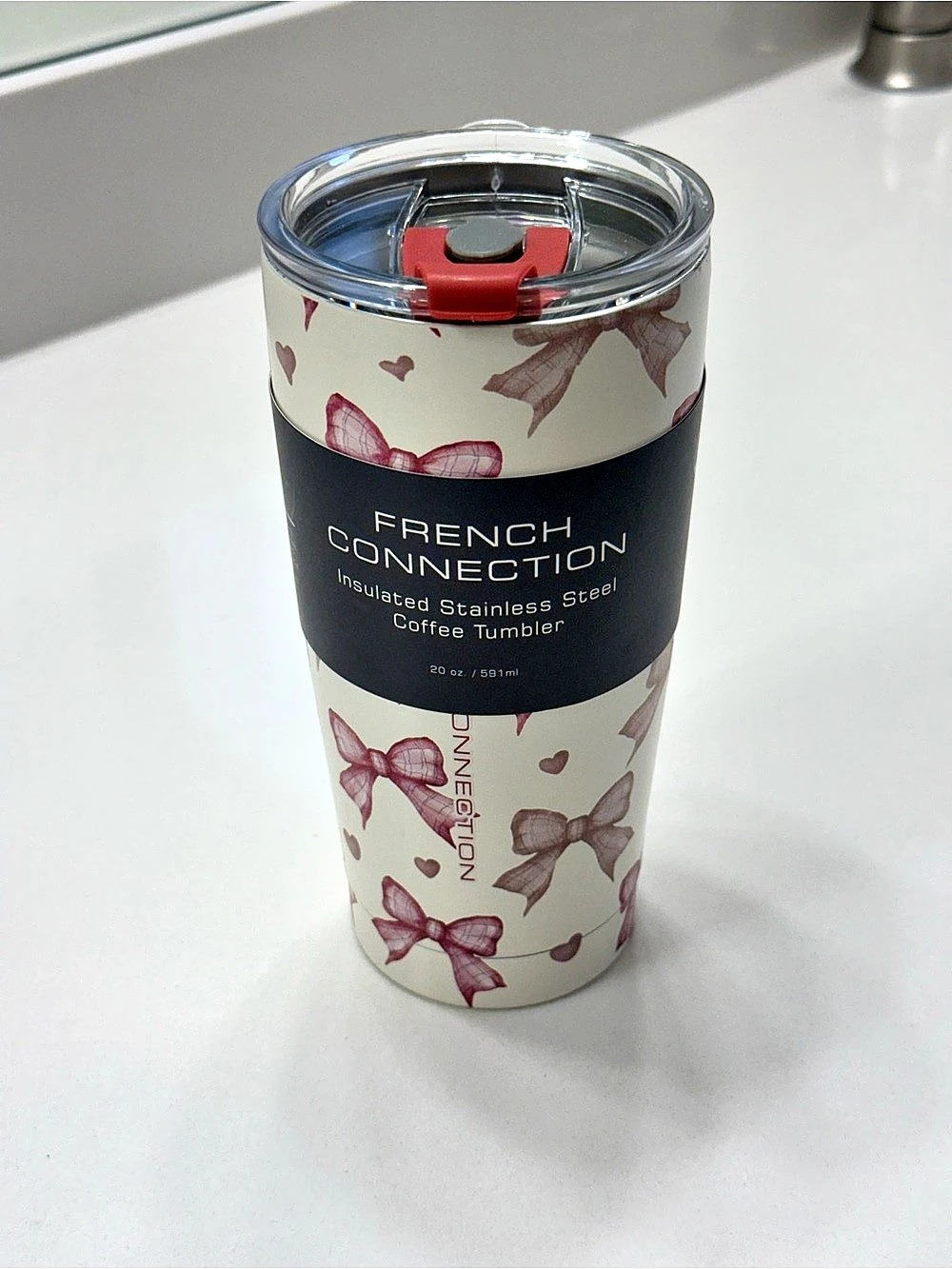 French Connection Insulated Stainless Steel Coffee Tumbler 20 oz Bow Print NWT